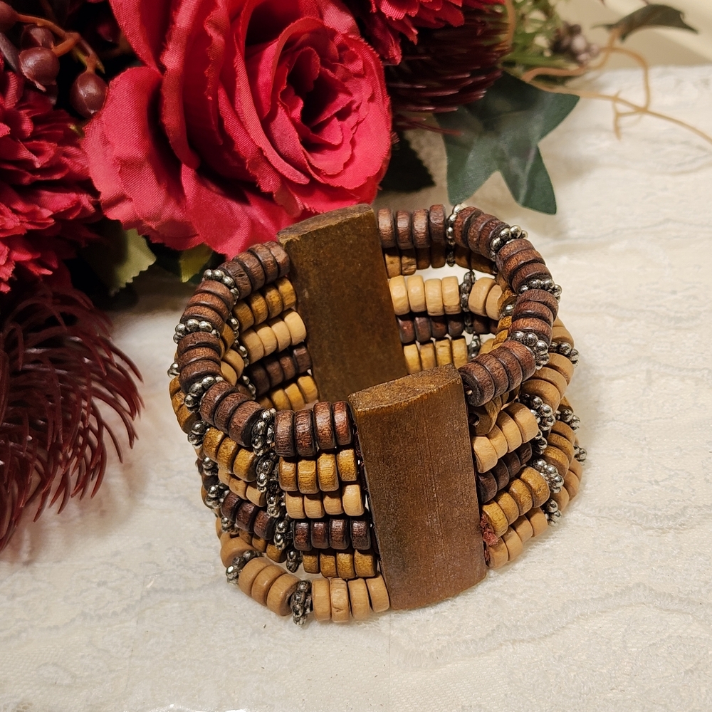 Boho Tribal Wooden Stretch Bracelet With Silver Toned Floral Accent Beads